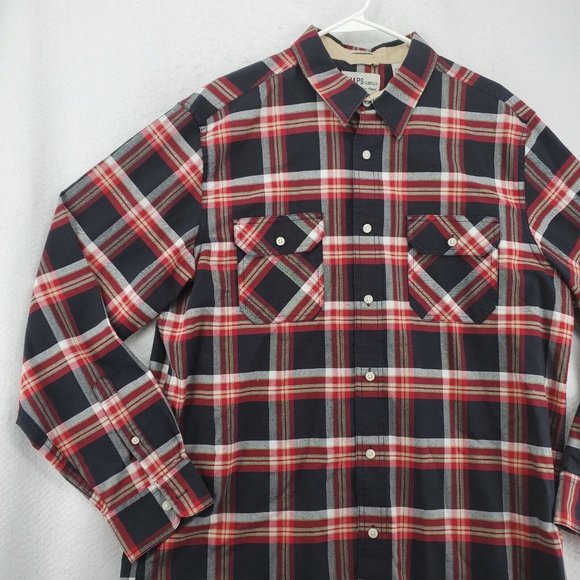 Chaps Men's Long Sleeve Casual Button Up Plaid Fitted Chest Pockets Red Large - Picture 5 of 12